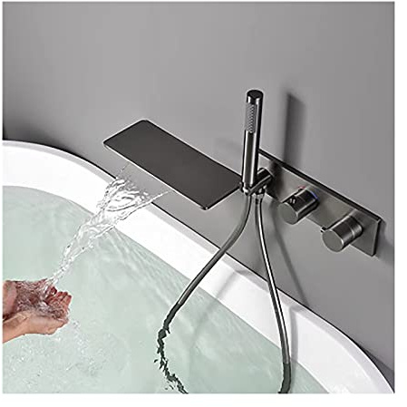 EliteBloom Thermostatic Tub Faucet Waterfall Bathtub Faucet with Handheld Shower, Brushed Gold Tub Tap Brass Tub Filler Faucet Wall Mounted Filler Mixer Tap for Bathroom,Brushed Gold (Gray)