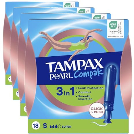 Tampax Compak Pearl, Super, 18 Tampons Avec Applicateur, Flux Moyens à Abondants, Triple Confort avec Applicateur doux, MotionFit, Voile Douceur, Certifié Oeko-Tex (Lot de 4)