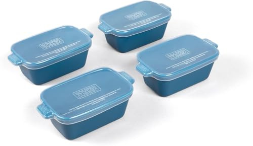 Souper Cubes Stoneware - Small Ceramic 5 x 3 Baking Dish with Silicone Covers, Small Baking Dishes for Oven Perfect for Reheating Single Serve Portions, Set of 4 - Blueberry