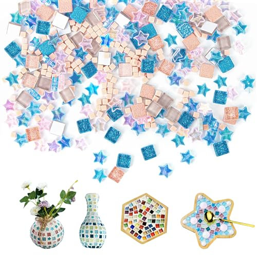 Glasmosaik Glas Mosaiksteine, Mosaiksteine zum Basteln Bunte Bastelsteine Glasmosaiksteine Muggelsteine Bunt für DIY Handwerk Drinnen Draußen Basteln deko, ca.350-380 Stück