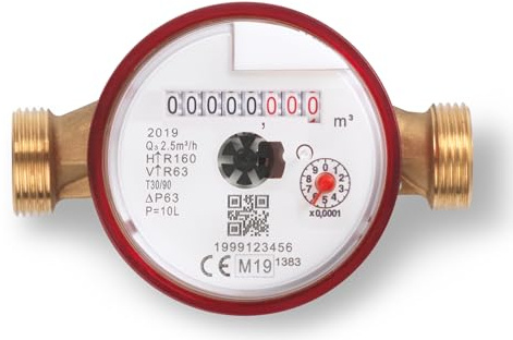 Contador de agua hasta T90° DN15 (1/2) – Cuerpo de latón – Completo con empalmes y juntas-Largo 110 mm con tapa. Fabricado en Italia y certificado MID