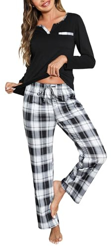 Bresdk Pyjama Femme Hiver Coton Ensemble de Pyjama à Manches Longue en Col V Chauds à Carreaux 2 Pièces Vêtements de Nuit avec Poches Doux et Confortable