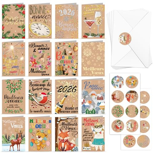 DPKOW 2026 Nouvel An Carte de Vœux avec Enveloppe Autocollants, 16 x Papier Kraft Cartes de Nouvel An en Français, 2026 Bonne Année Cartes Meilleurs Vœux Nouvel An Postales Bonne Année