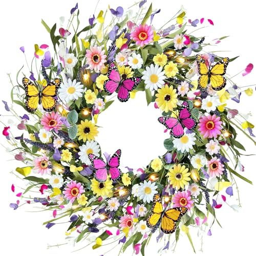 22 Inch Spring Wreath for Front Door with Timed LED Light, Summer Wreath with Wildflower Daisy Butterfly and Green Eucalyptus Leaves for Indoor Outdoor Farmhouse Home Decor