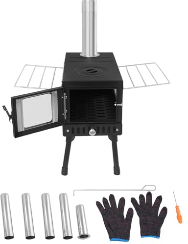 Levkitch Camping Tent Stove Portable Hot Tent Wood Burning Stove with 5 Chimney Pipe Camping Cookware for Cooking, Hiking, Backpacking, BBQ