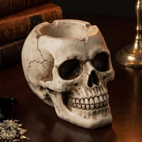 MIJOMA Totenkopf Aschenbecher – dekoratives Skull Design aus Polyresin – Vintage Finish mit Charakter – dunkler Akzent für Tisch, Bar und Gothic Deko