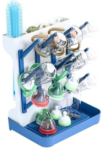 WADY Vertical Baby Bottle Drying Rack with Drain Tray Space Saving Bottle Storage Organizer for Breastfeeding Essentials Holds 8+ Bottles Pump Parts Food-Grade PP Material Quick Air Dry Design (Blue)