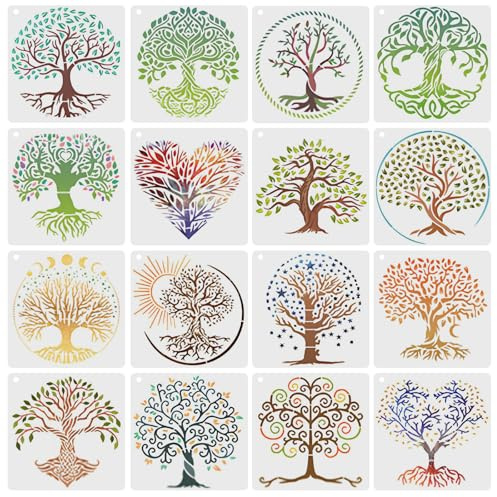 16 Stück Baum des Lebens Schablonen, Baumzeichnung Malerei wiederverwendbare Schablonen, rundem Ring natürliche Pflanzen Schablone für Scrapbooking, Leinwand, Kartenbau, DIY-Kunst, Wanddekoration