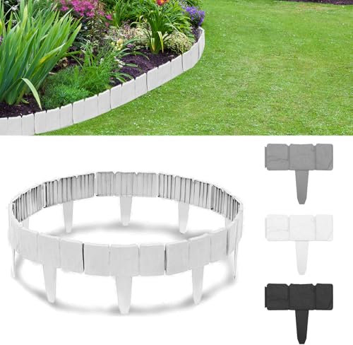 Hengrongshen Rasenkante Kunststoff 15M, Flexibler Steinoptik Palisade Beetumrandung, Beeteinfassung 23cm Hoch, Beetbegrenzung Kunststoff Randsteine für Garten Blumenbeet, 60 Stücke, Weiß
