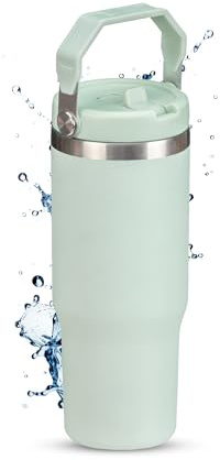 Tumbler with Handle Stainless Steel Insulated Water Bottle Flip Straw Tumbler Insulated Coffee Water Bottle Thermal for Cold Hot Coffee Drinking Cup Double Wall Vacuum Insulated Travel Mug (Sage)