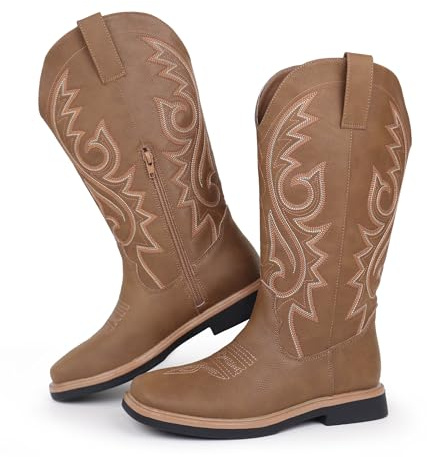 Hawkwell Stivali da cowboy da donna con punta quadrata, chiusura lampo laterale ricamata, tacco basso