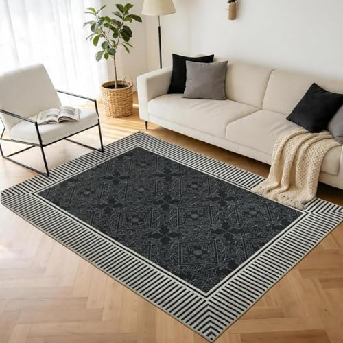 GEANUP Modern Schwarz Teppich Wohnzimmer Waschbarer 120×180 cm Waschbar | Gestreifter rutschfest Carpet, Kurzflor Weich Schlafzimmer Teppich, Groß Faux Wool Carpet für Esszimmer Küche Badezimmer