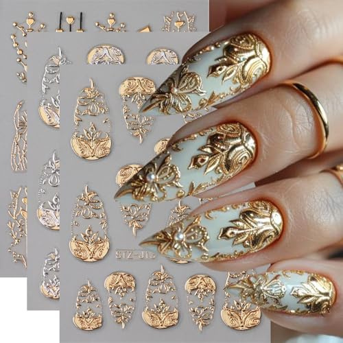 Velvoria 3 Pack of 5D Nail Art Stickers with Embossed Flowers, French Carvings Gold/Silver Flowers Heart Tree Nail Accessories Retro Luxury Manicure Accessories