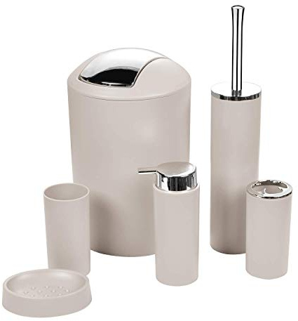 Bathroom Accessories Set – 6 Piece - Beige Bathroom Set with Bin, Toilet Brush, Soap Dispenser, Toothbrush Holder, Cup & Soap Dish – Durable Plastic, Modern Design for Home or Gift