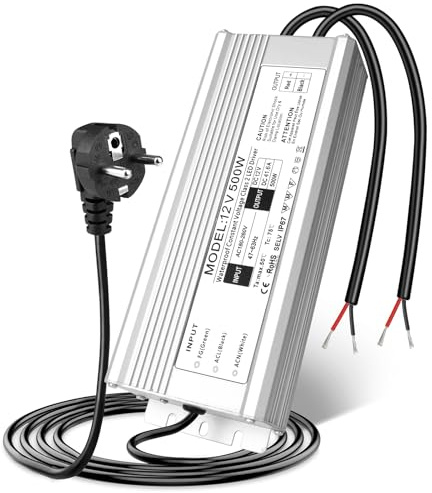 Transformateur LED 12 V 500 W 41,6 A IP67 étanche pour l'extérieur avec fiche, bloc d'alimentation LED 230 V vers DC 12 V, adaptateur driver extérieur pour bandes LED, lampes, projecteurs, bandes