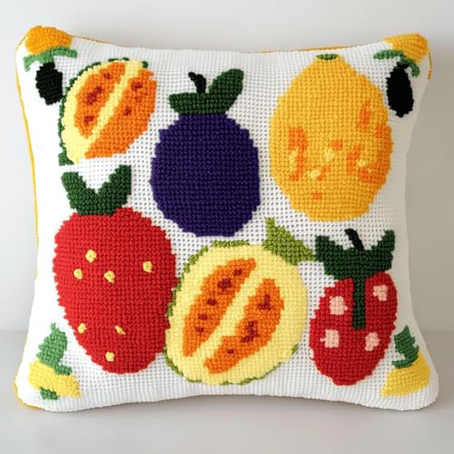 Henypt Kit de Almohadones con Cierre de Gancho Patrón de fruta Cojines para Bordar a Mano 17x17 Inch 3D Bordado de Bricolaje Cuadrado Funda de Cojín Decoración para Principiantes, Adultos