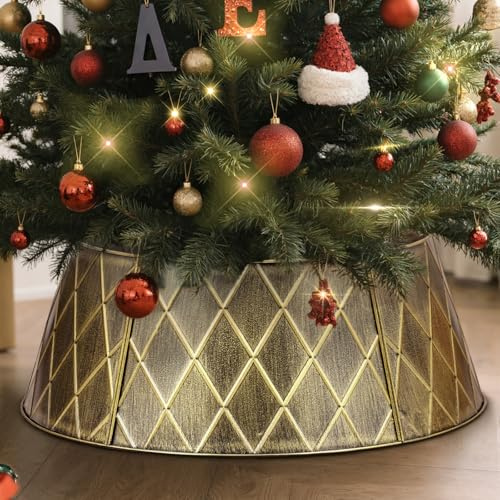 Lanpn Metall Weihnachtsbaum Kragen 70cm, Weihnachtsbaum Halsband Christmas Tree Collar Für Mittelgröße M Wetterfest Für Kunstbäume Innen Außen - Weihnachtsdekoration (Gold, Raute)