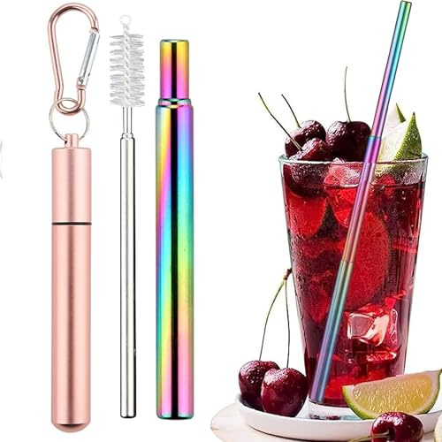 MINGZE Paja Telescópica Plegable, Reutilizables Acero Inoxidable Pajita con Cepillo de Limpieza y Mosquetón, para Batidos jugos y Bebidas Calientes, para Hogar Oficina (Oro rosa)