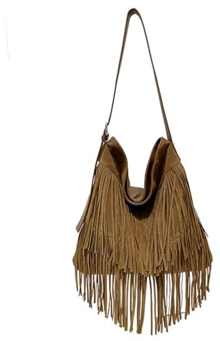 CORIOS Bolso Mujer con Flecos Estilo Boho en Ante y PU Cuero Bolso Bandolera de Hombro Tendencia Bolso de Mano Camel