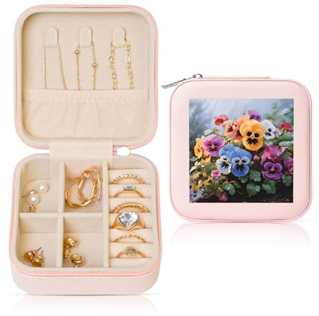 LHDGBNV Pansy Flowers Jewelry Box Travel Jewelry Case Leather Small Jewelry Organizer For Womens Rings Necklaces Gifts Pink