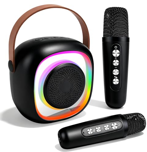 Karaoke Infantil 2 Microfonos Inalambricos Karaoke Máquinas de Karaoke Bluetooth para Niños Adultos Portátil Altavoz de Karaoke con Luces LED Regalo Ideal para Boda Fiesta Cumpleaños (Negro)