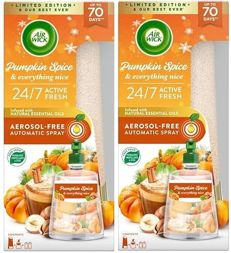 2 x Air Wick Active Fresh 24/7 Automatic Spray Diffuser Unit + Pumpkin Spice & Everything Nice Refill 228ml