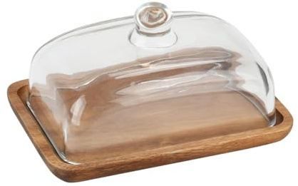Butter Dish with Lid Acacia Wood Cake Stand with Clear Glass Lid, Multi-Purpose Luxury Serving Tray for Parties, Desserts and Fruits (18x12.5x8cm)