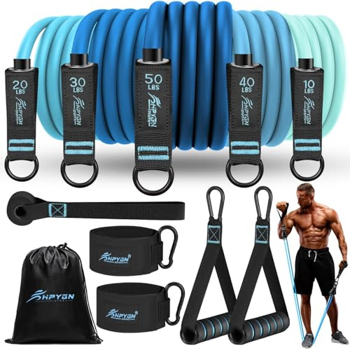 HPYGN Fitnessbänder Set, 150lbs 200lbs 250lbs Resistance Bands 5 Verschiedene Stärken, Widerstandsbänder Set mit Griffen Knöchelriemen und Türanker Tragbarer Rucksack, für Indoor Home Gym und Outdoor
