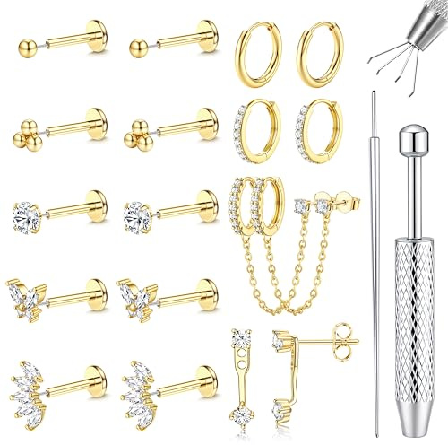 Chriscoco 16G/18G/20G Boucles d'Oreilles Femme Acier Inoxydable Piercing Oreille Nez Plaqué Or 14K Argent Boucles d'Oreilles Creoles Piercing Helix Tragus Labret Conch Bijoux pour Femme