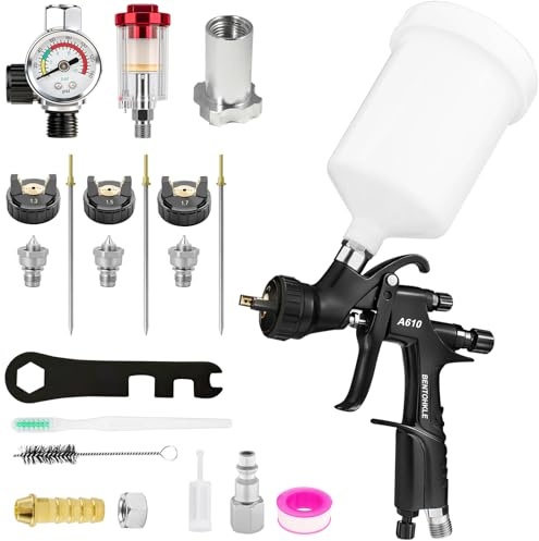 BENTOHKLE R500 LVLP Air Spray Gun with 1.3/1.5/1.7mm Nozzles & Air Regulator, A610 Paint Guns Automotive Premium Kit LVLP Paint Gun Sprayer for Cars, House Painting, Clear&Top Coat