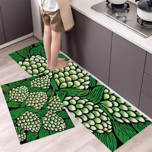 GDJSMIN Linoleum Prints Kitchen Mats 2Pcs, Anti Fatigue Kitchens Rugs Set of 2,Cauliflower Pattern Non Skid Comfort Standing Rug for Office, Sink, Laundry,20X 32+20X 48 Sage Green