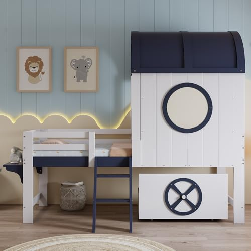 HUQIQWE Hochbett 90x200 cm Mit Dach Fenster, Hausbett In Weiss Dunkelblau, Etagenbett Aus Kiefer MDF Sperrholz, Bettkasten Mit Rollschublade, Bettgestell Mit Lattenrost Für Schlafzimmer
