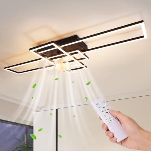 cupgow Deckenventilator mit Beleuchtung Deckenleuchte LED Deckenlampe | Schwarz 41W Dimmbar Ventilator Leise mit Light 6 Geschwindigkeiten Wohnzimmerlampe Groß Rechteckig für Schlafzimmer Küche