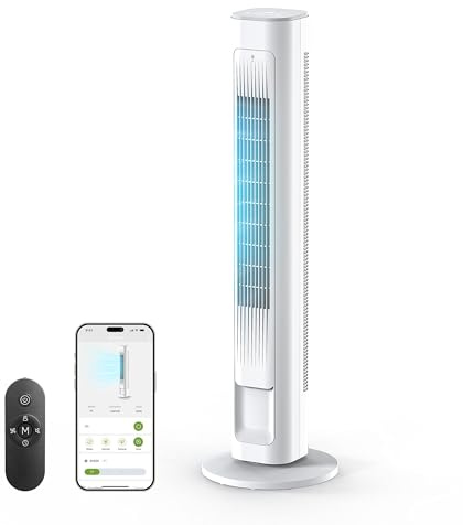FLANUR 43 Smart Tower Fan with Remote, App & Touch Control, Silent Tower Fans for Sleeping Capable of 25ft/s, LED Display, 90° Oscillating Tower Fan for Bedroom & Office, 12-Hour Timer, White