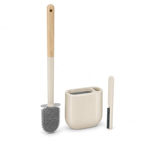 Brosse de toilette en silicone avec support, manche en bois, beige, compacte 44,5 cm, poils flexibles, design peu encombrant avec brosse de détail