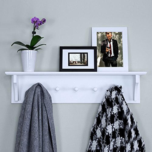 Ballucci Floating Coat and Hat Wall Shelf Rack, 5 Pegs Hook, 24, White