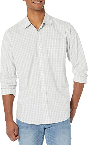 Amazon Essentials Men's Långärmad ledig poplinskjorta med normal passform, Ljusgrå Vit Rutig, L