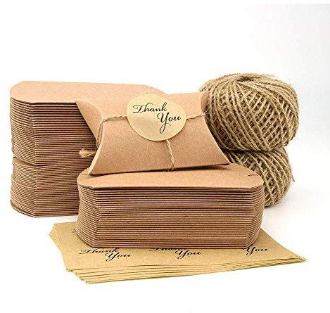 VEESUN 120 STK Klein Geschenkschachtel Kraftpapier Tüten Geschenkbox mit Danke Aufkleber, 6x9cm Braunes DIY Gastgeschenke Hochzeit, Pralinenschachtel Leer Schachtel Kinder Geburtstag Party, MEHRWEG