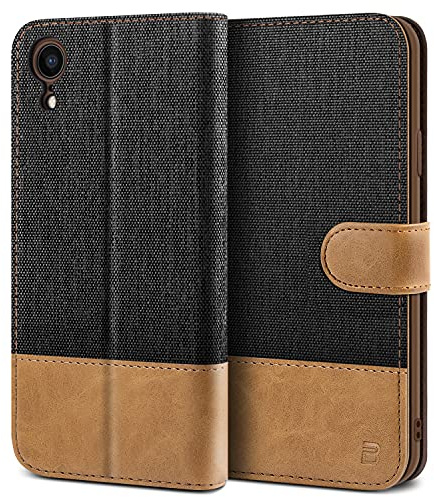 BEZ Handyhülle für iPhone XR, Tasche Kompatibel für iPhone XR Hülle, Handytasche Schutzhülle [Stoff und PU Leder] mit Kreditkartenhalter, Ständer, Magnetverschluss, Schwarz