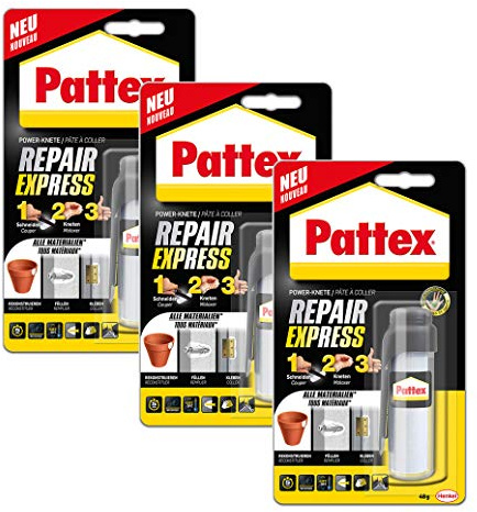 Pattex Powerknete Repair Express, Modelliermasse zum Kleben & Reparieren, Epoxidharz Kleber für viele Materialien, lackier- und schleifbare Knete (3x Repair Express Stic Universal)