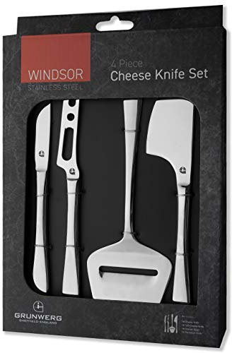 Grunwerg Windsor Carded 4-Piece Stainless Steel Cheese Knife Set 4BXCHKWDR, 18/0 Stainless Steel, Silver