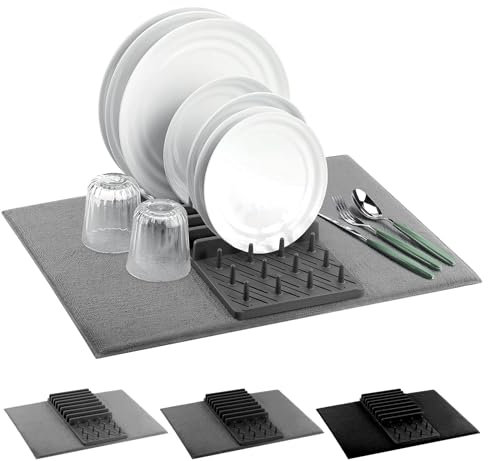 GEEZY Microfibre Dish Drying Mat with Draining Rack 38x50cm - 2 in 1 Design, Absorbent, Machine Washable, Foldable, Reversible - Compact Dish Drainer, Washing Up Drying Mat, Dish Draining Mat