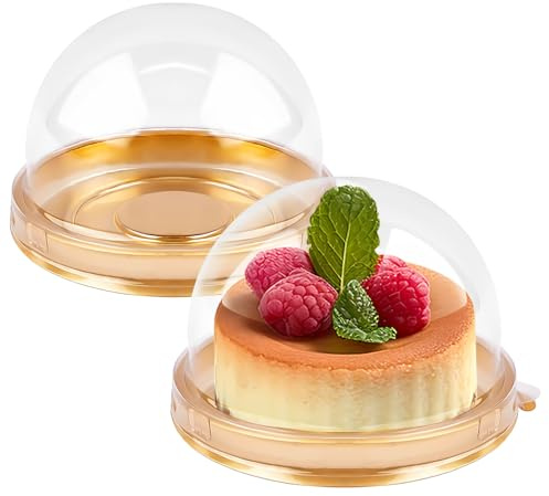 Zezzxu 50 Pack Mini Cake Containers, Clear Plastic Small Cupcake Boxes with Dome Lids for Individual Chocolate Covered Cookies, Strawberry, Mooncake (Gold)