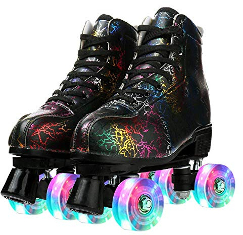 Unisex Roller Skates Double Raw Four Wheels Classic High-top PU Leather Lighting Roller Skates Shoes for Beginner Womens Mens Boys Girls Indoor and Outdoor (Lightning Black Flash Wheel,38)