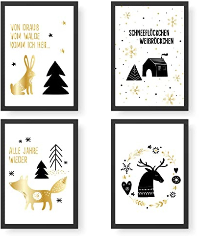 Papierdrachen Kunstdrucke Weihnachten 4 Premium Poster DIN A4 | Bilder als Weihnachtsdekoration - Scandi Tiere - hochwertig | ungerahmt | Wandbild - Set 3