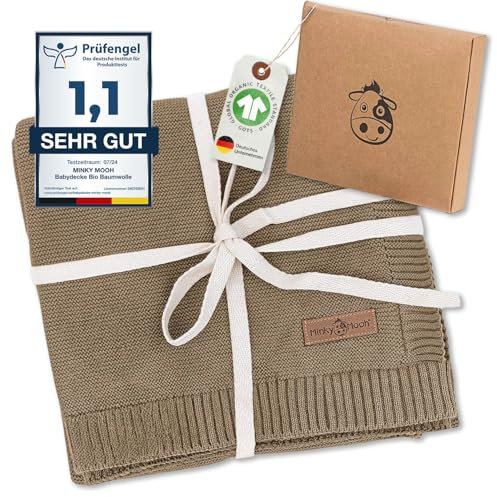Minky Mooh Babydecke aus 100% Bio-Baumwolle, Öko-Tex 100, Kuscheldecke, Strickdecke, Krabbeldecke & Puckdecke, Geschenk zur Geburt & Erstausstattung- 94x72 cm, Warm Sand
