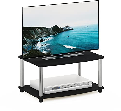 Furinno TURN-N-TUBE TV Riser Stand, 2-Tier Small Elevated No Tools TV Stand, TV Console for TV up to 32 inch, 15.8 x 23.8 x 11, for Living Room, Bedroom, Americano/Stainless Steel Tubes