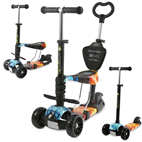 Lorelli Kinderroller Draxter Plus 3 in 1 Schiebestange, Sitz, Vorderräder LED schwarz