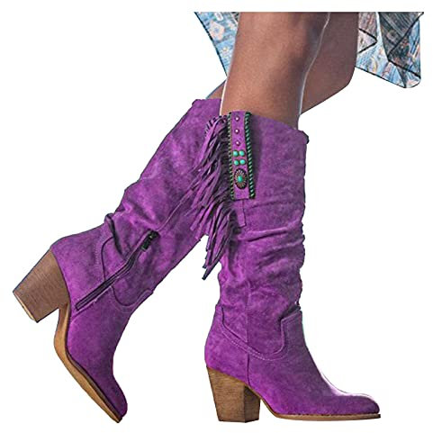 FGUUTYM Stivaletti da donna con tacco lungo, stivali invernali con nappa sopra il ginocchio, stivali alti, caldi, con zeppa, stivali Chelsea, viola., 40