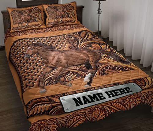 OhaPrints Custom Horse Sculpture Wood Pattern Unique Gifts Personalized Name Quilt Blanket & Pillowcases, Quilts Bedding Set & Pillow Cover, King Queen Double Twin Throw Full Size Bedspread Bed Sets
